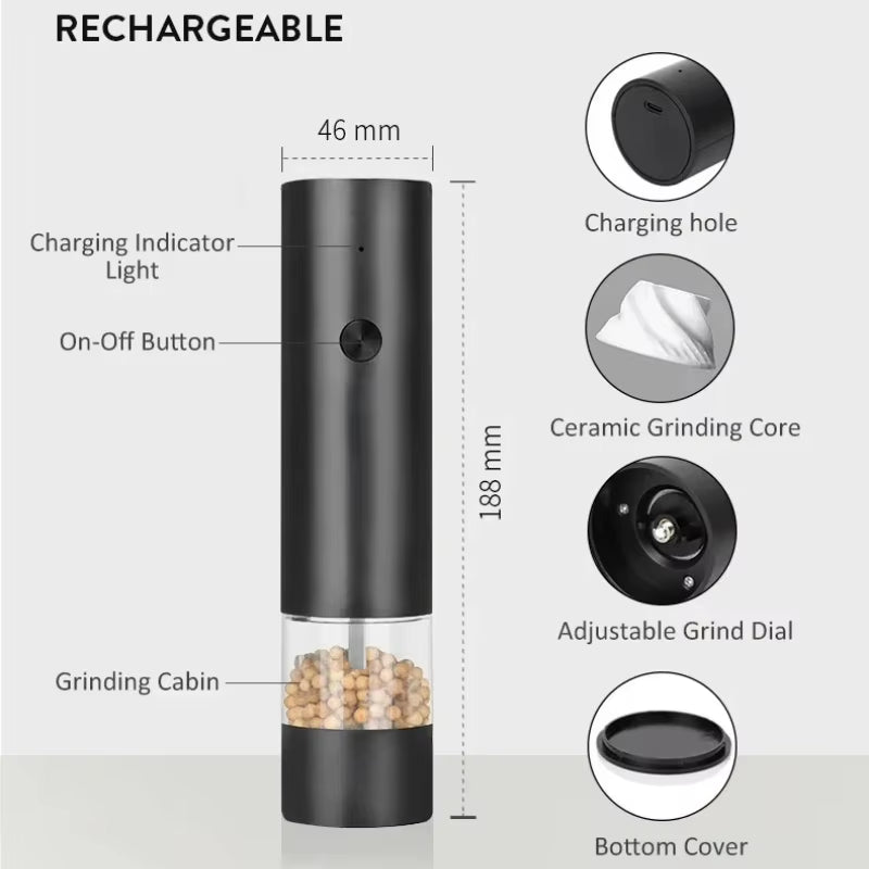 Electric Salt and Pepper Grinder Adjustable Coarseness Large Capacity Pepper Grinder Rechargeable Spices Grinder Kitchen Tools